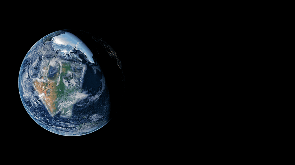 A world globe with a downward arrow against a black background.